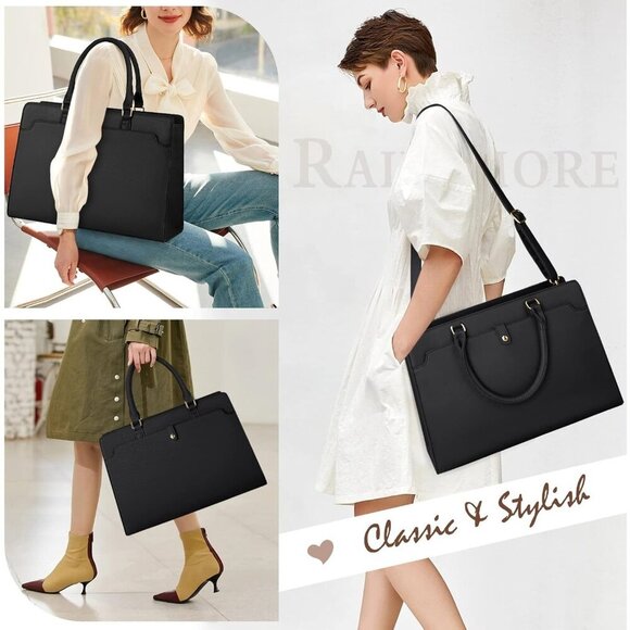 Leather Laptop Black Tote Bag for Women, Waterproof Work & Travel Bag - Picture 6 of 8